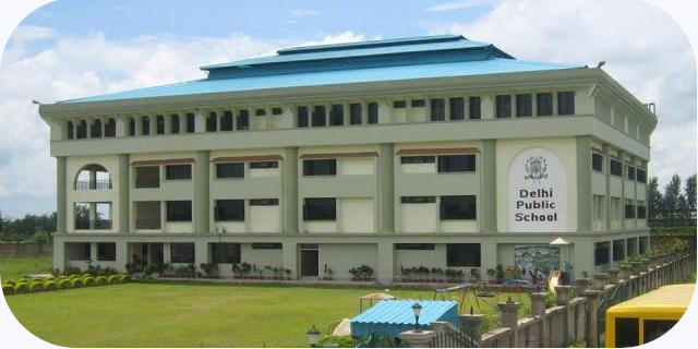 The Delhi Public School Birgunj building — a white three-storey school with a blue roof and front lawn